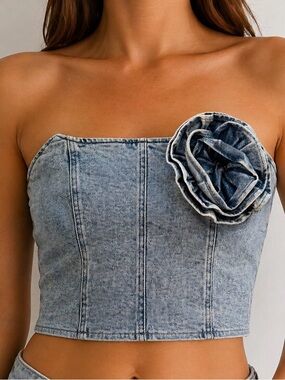 Boutique Denim Strapless Corset Top with Rose Accent